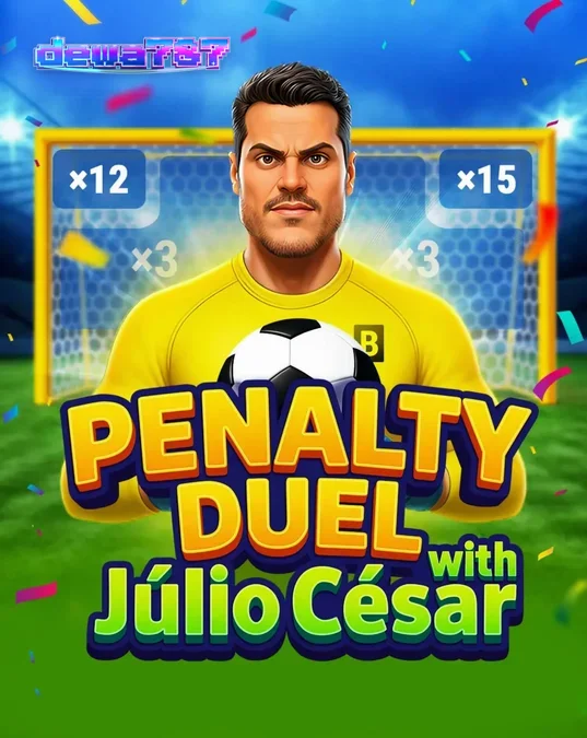 Tampilan antarmuka game Penalty Duel dengan Júlio César di lapangan sepak bola